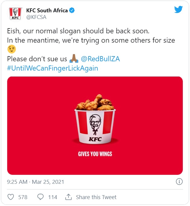 Een tweet van KFC waarbij ze de slogan 'lenen' van Red Bull